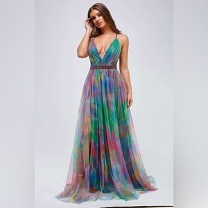 Green Multicolor Deep V Dress